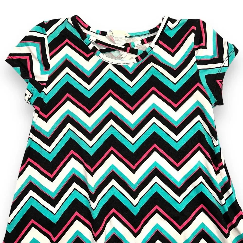 Btween Girls Dress Chevron Print Knee Length Teal Black Pink White Large 10 12